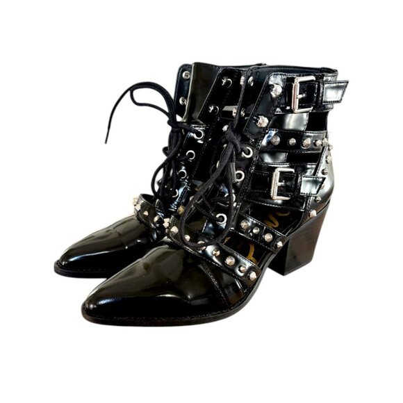 SAM EDELMAN BLACK SPIKE LEATHER POINTED TOE ELANA ANKLE BOOTIES 7.5 EUC - Picture 2 of 5
